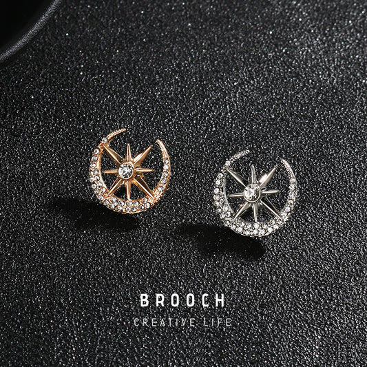 1.8CM Gold Silver Diamond Moon Eight-Pointed Star Suit Brooch 6pcs