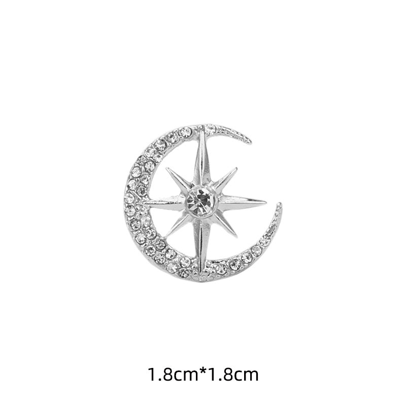 Broche en forme de lune et d'étoile à huit branches en or, argent et diamant de 1,8 cm - 6 pièces