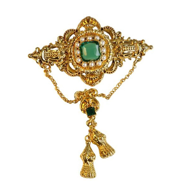 Broche Royale Baroque avec Accents de Cristal et de Pierre Précieuse avec Frange en Chaîne