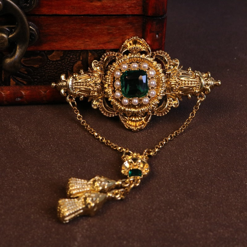 Baroque Royal Brooch Crystal Gemstone Accents with Chain Tassel