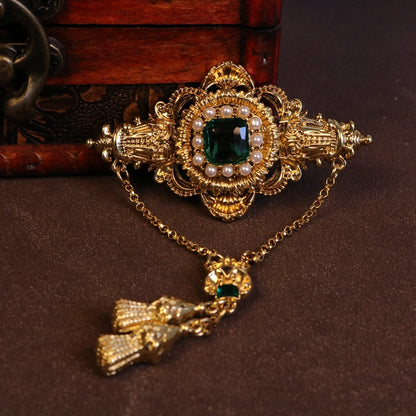 Baroque Royal Brooch Crystal Gemstone Accents with Chain Tassel