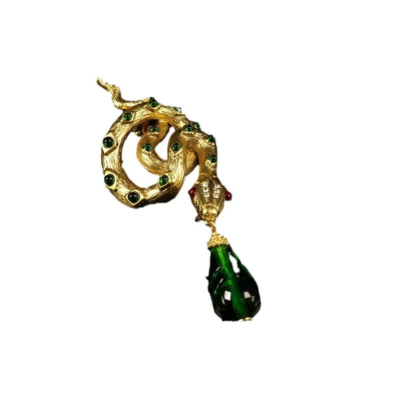 Colgante de vidrio vintage Courtly con broche de serpiente lleno de diamantes