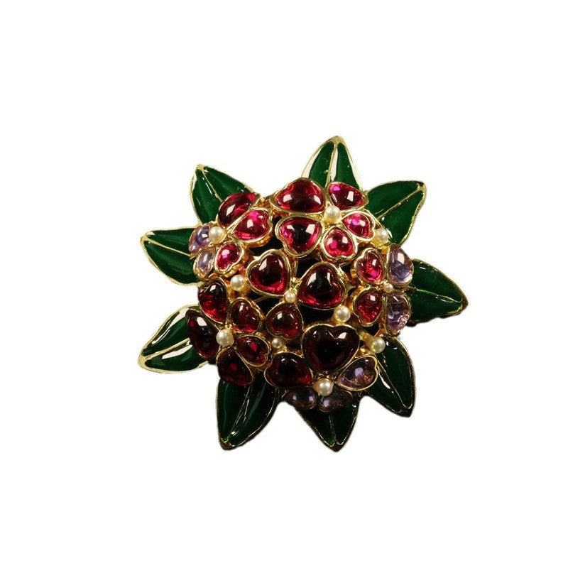 Broche de Flor de Esmalte Artesanal com Inlay de Vidro - Estilo Courtly