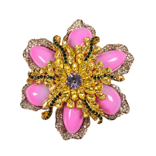 Broche de Vidro Rosa Vintage Francês com Strass e Revestimento de Ouro Eletrolítico