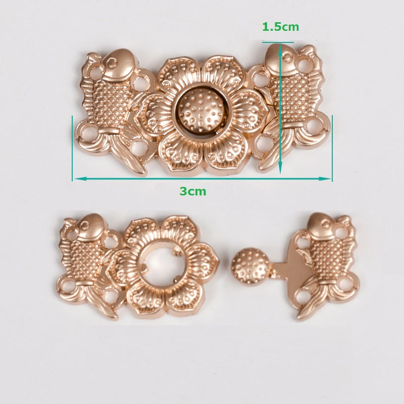 3cm Chinese Ancient Style Carp Peony Golden Metal Pair Buttons 10pcs