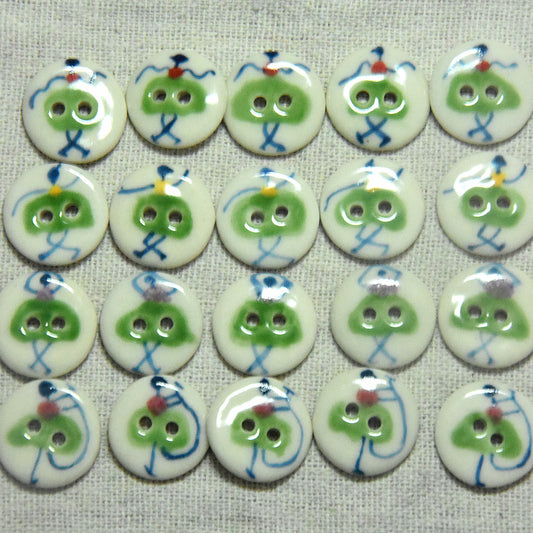 18mm Round 2 Hole White Base Green Handmade Ceramic Sewing Button 4pcs