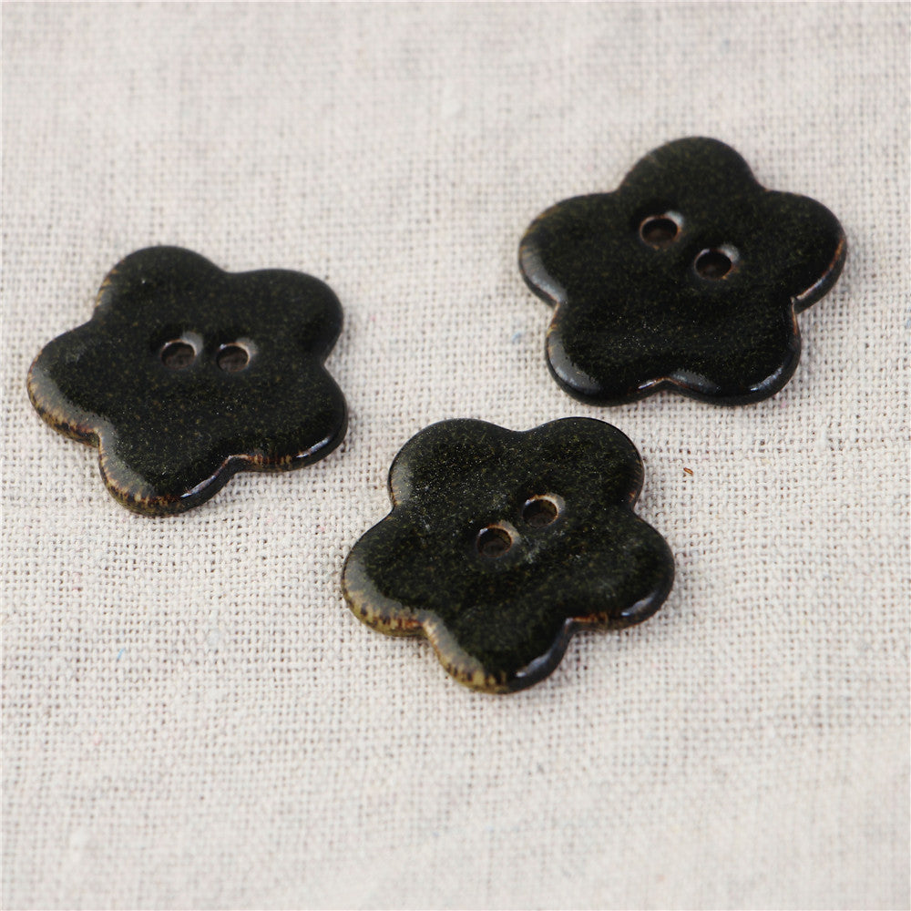 Black and Gray Five-Leaf Clover Handmade Ceramic 2 Hole Sewing Buttons 3pcs