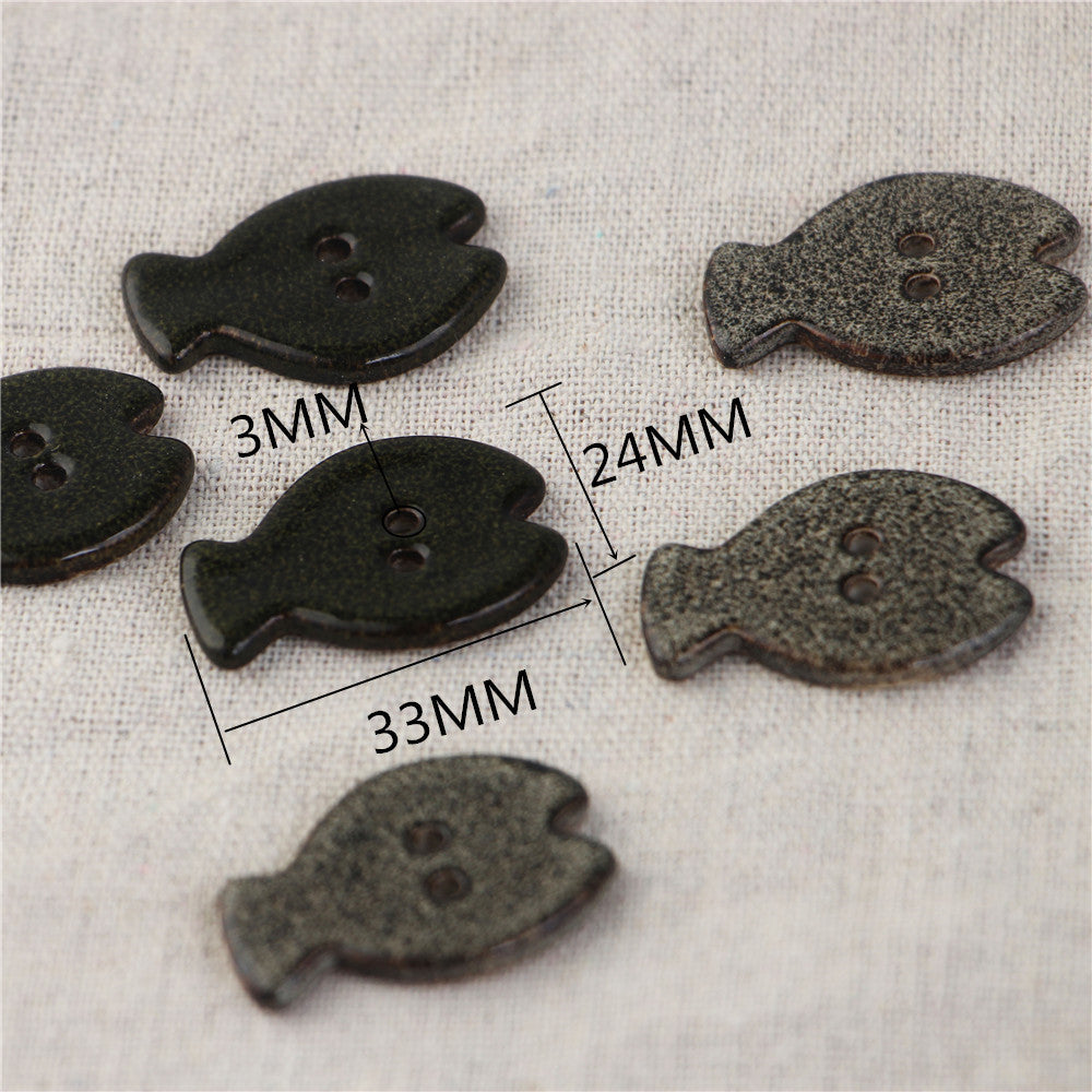 33x24mm Black and Gray Fish-Shaped 2-Hole Handmade Ceramic Buttons 3pcs