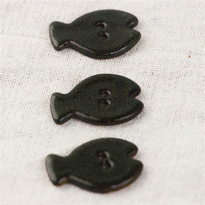 33x24mm Black and Gray Fish-Shaped 2-Hole Handmade Ceramic Buttons 3pcs