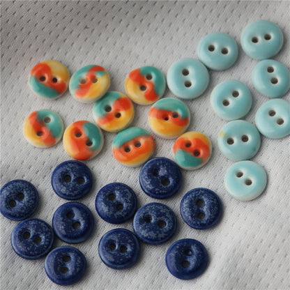 Botões de Costura Cerâmicos Pintados à Mão em Azul e Laranja Redondos de Duas Furos de 15mm 6pcs