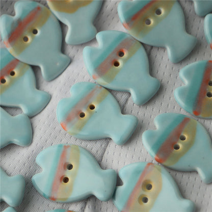 24mm Light Blue Marine-Themed Small Fish Ceramic Double-Hole Buttons 4PCS