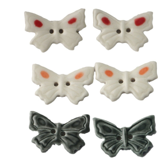 25mm Butterfly Shaped 2 Hole White and Dark Grey Ceramic Buttons for Bag Accessories 6pcs