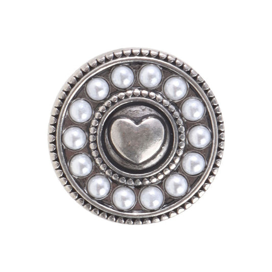 Bouton en métal argent antique en forme de cœur vintage avec perles et diamants de 19 mm, 6 pièces