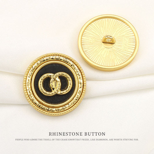 Round Golden Metal Rhinestone Shank Buttons with Double Ring Pattern 6pcs