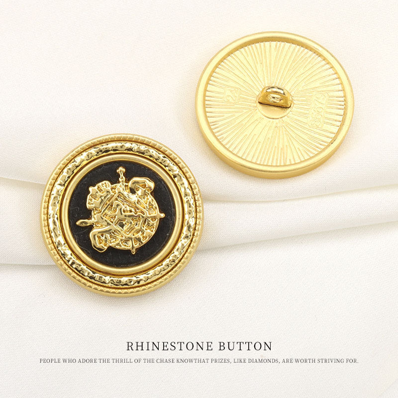 Round Golden Metal Shank Buttons with Crown and Sword Pattern 6pcs