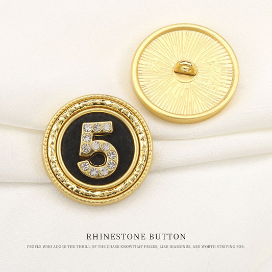 Round Golden Metal Rhinestone Shank Buttons with Number 5 Pattern 6pcs