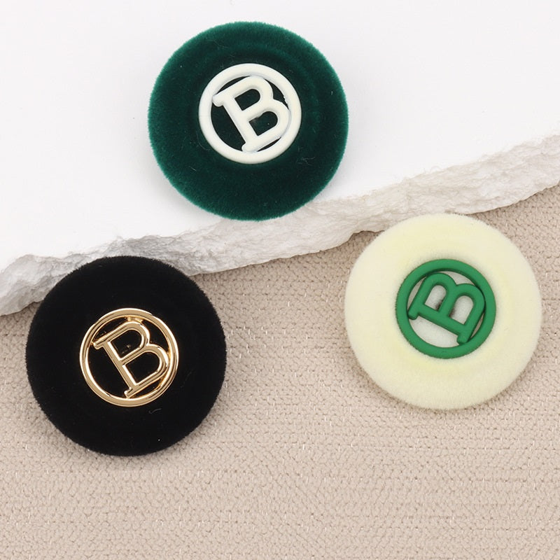 Metal Letter“B” Flocked Round Buttons with Shank 6pcs