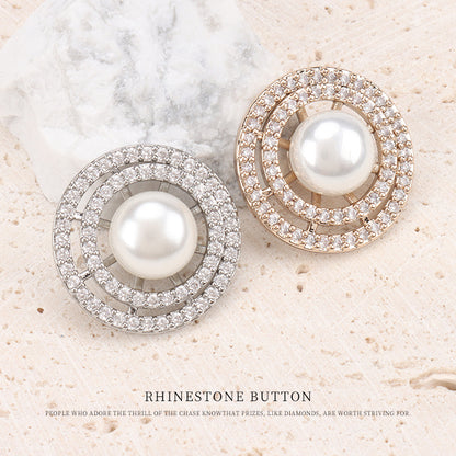 Double Ring Pearl and Zircon Copper Button for Coats 2pcs