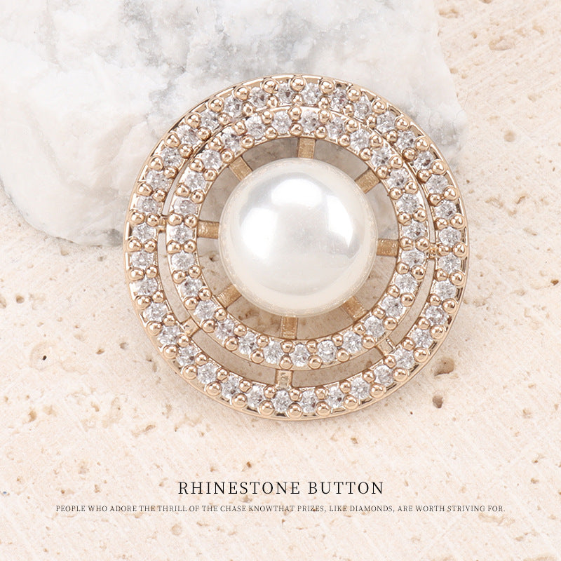 Double Ring Pearl and Zircon Copper Button for Coats 2pcs