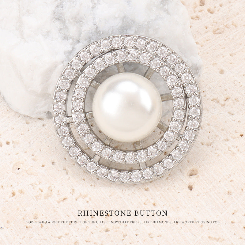 Double Ring Pearl and Zircon Copper Button for Coats 2pcs