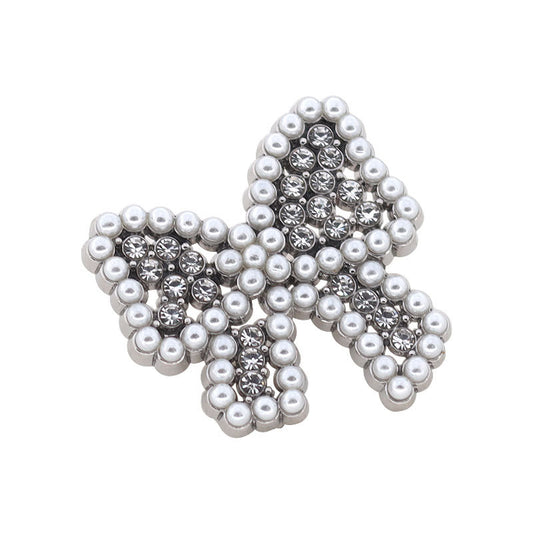 25mm Bow Shaped Metal Pearl Rhinestone Shank Buttons for Cardigan 12pcs