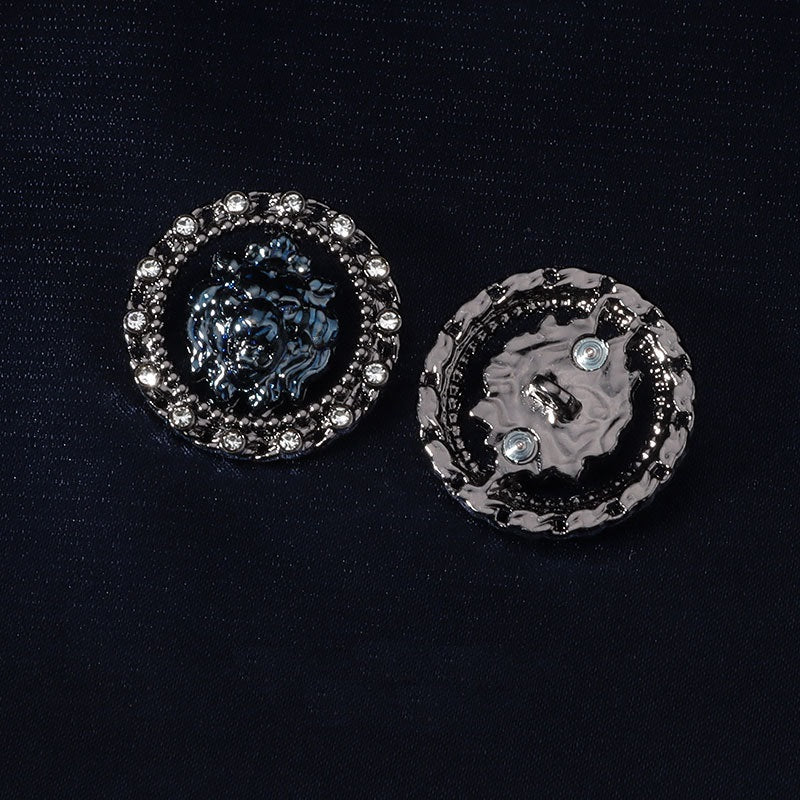 Botones de metal redondos de 22 mm con strass azul oscuro y cabeza de león, 12 piezas