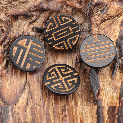 15mm Round Dark Yellow Natural Horn Buttons with Laser Engraved Chinese Character 20pcs