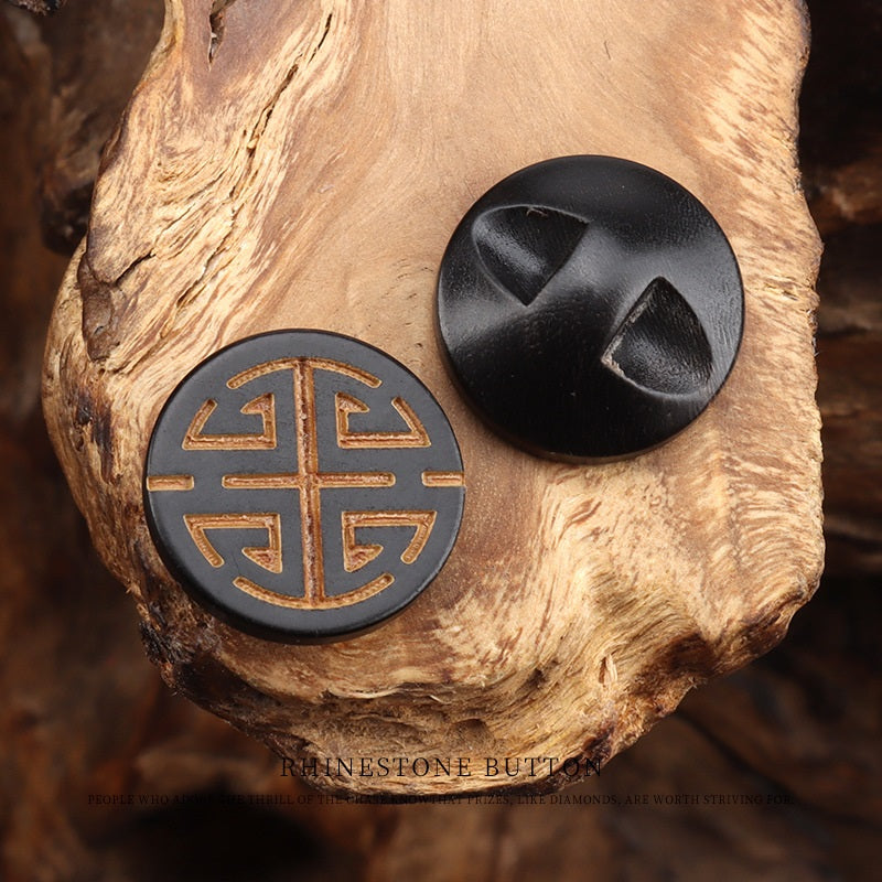 15mm Round Dark Yellow Natural Horn Buttons with Laser Engraved Chinese Character 20pcs