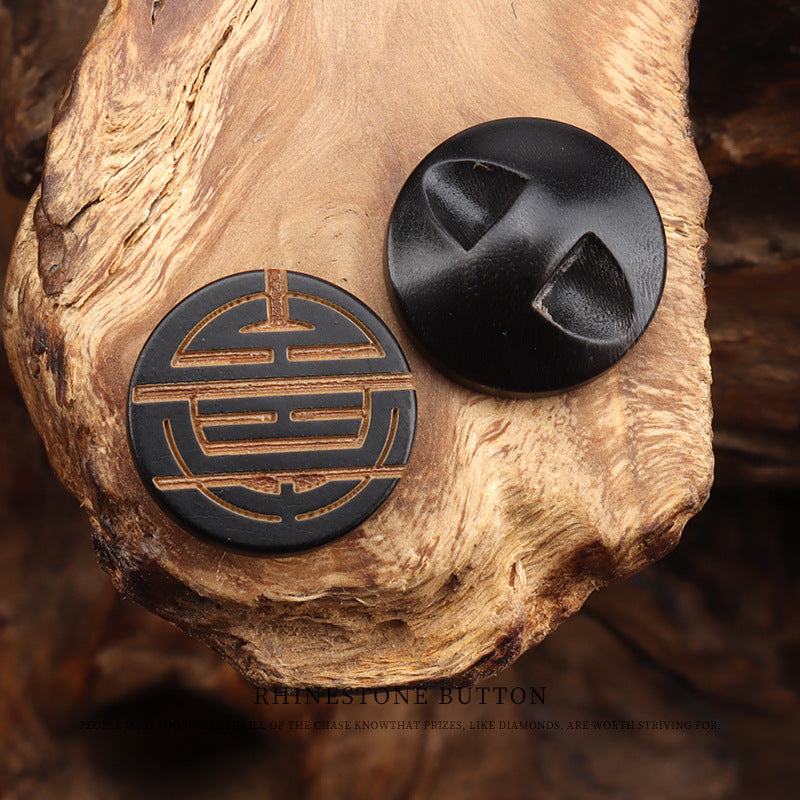 15mm Round Dark Yellow Natural Horn Buttons with Laser Engraved Chinese Character 20pcs