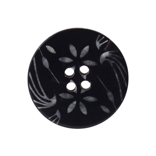 15 - 25mm Round 4 Hole Black Horn Buttons with White Flower Patterns 10pcs