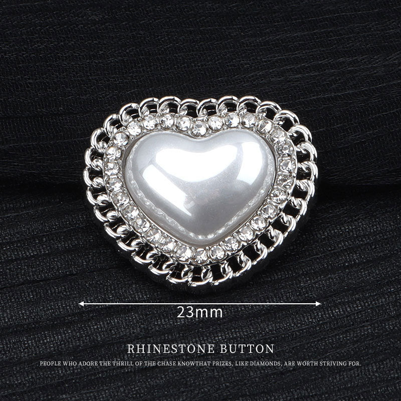 Botones de chaqueta de metal con perlas en forma de corazón plateadas y strass de 23 mm, 6 piezas