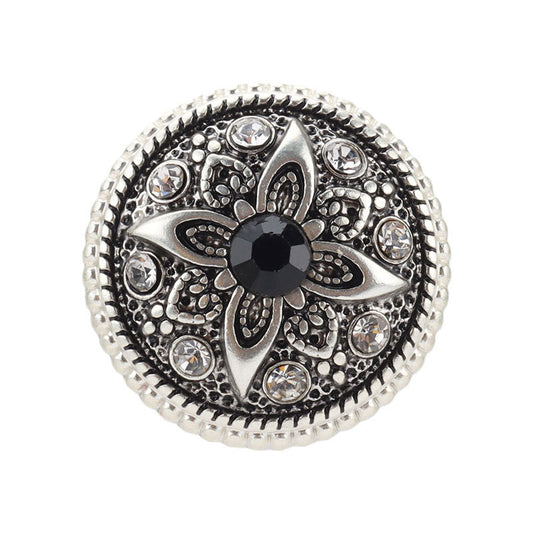 Boutons en métal argenté vintage de 21 mm avec motif floral en rhinestones noirs, 5 pièces