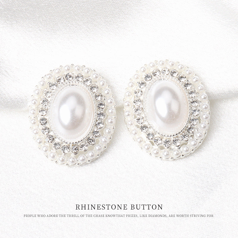 Silver Oval Pearl Coat Decorative Rhinestone Button for Women's Clothes 6pcs