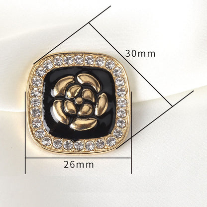 Botões de Metal Quadrados Dourados com Strass em Forma de Flor Enameled Preto de 26mm 5pcs