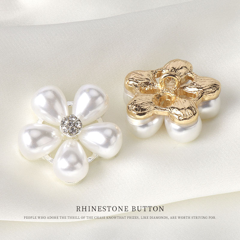 0.9inch Pearl Flower Rhinestone Button Metal Base with Shank 6pcs