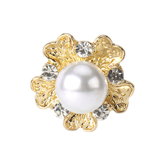 0.75 inch Rhinestone White Pearl Floral Button Golden Metal Base Shank