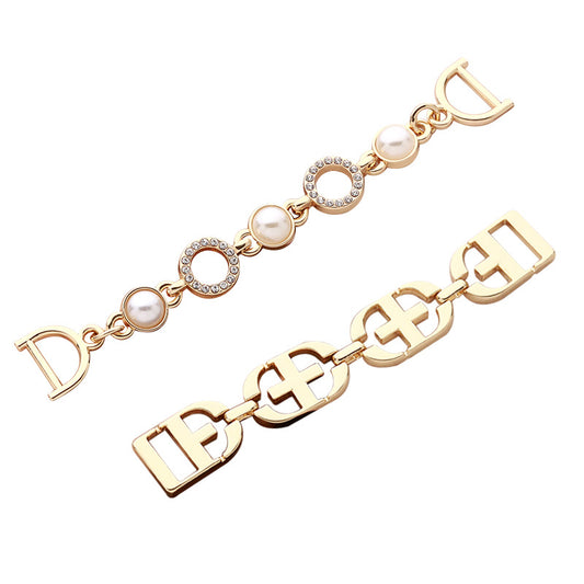 Chain Pearl Rhinestone Golden Metal Clothing Decorative Buckle 2pcs