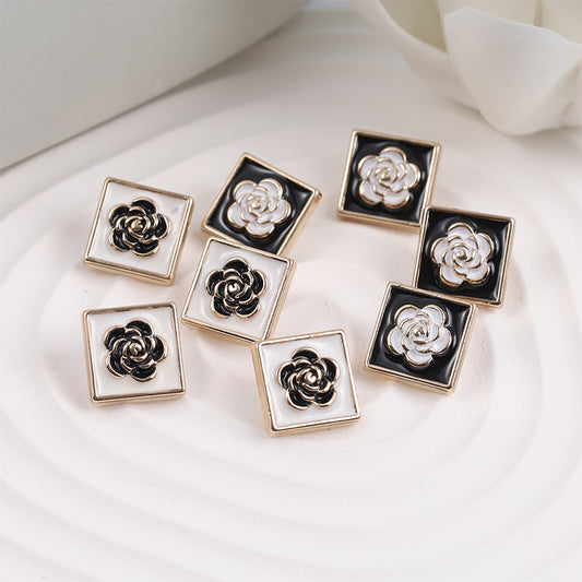 15mm Square Black and White Camellia Painted Metal Button 12 Pack