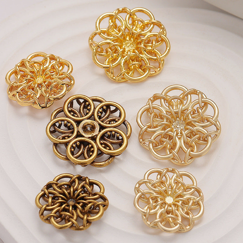 Retro Gold Linked Rings Flower Shape Hand-Sewn Metal Button 5pcs