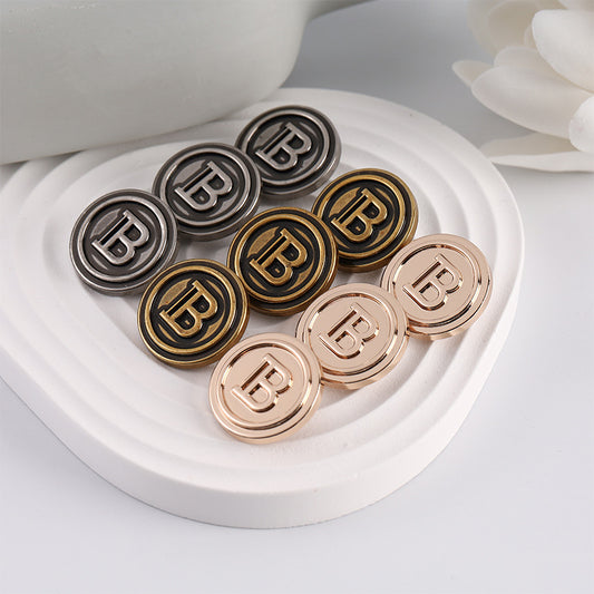 Round Vintage Metal Sewing Button with Letter B Pattern 15 Pack