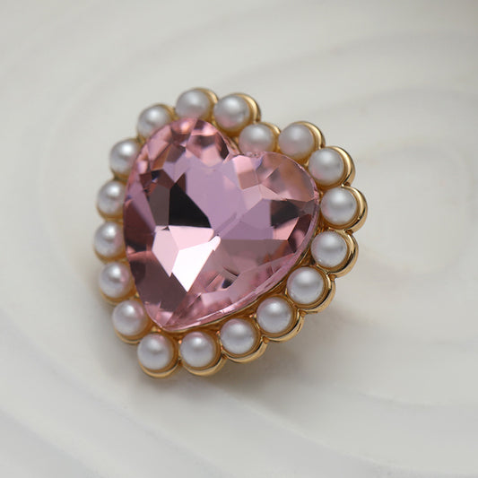 20mm Rosa Diamant Hjerte med Perlekant Metallknapp 10stk