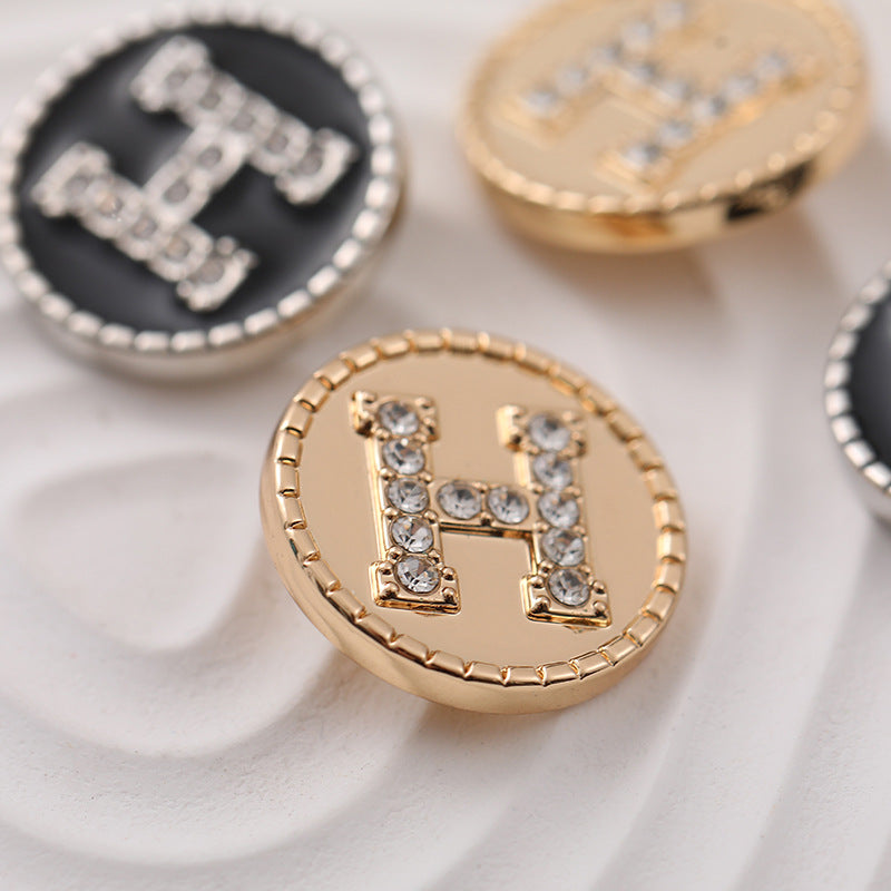 20mm Round Metal Shank Button with Letter H and Rhinestones 8pcs