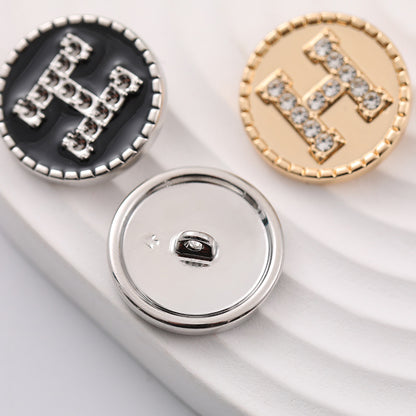 20mm Round Metal Shank Button with Letter H and Rhinestones 8pcs