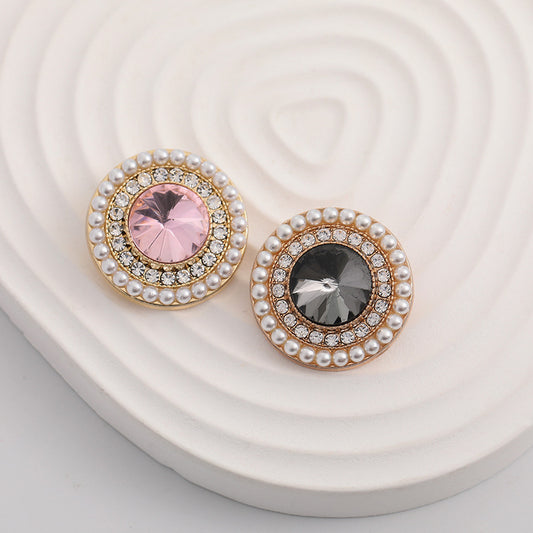 Round Fashion Metal Button with Diamonds Pearls 5pcs