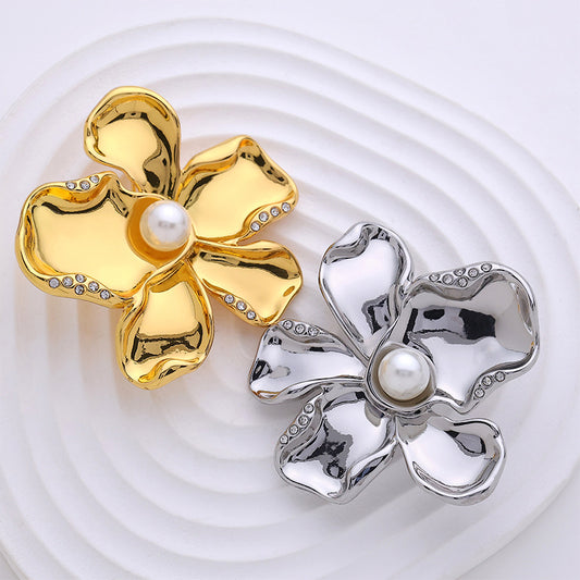 Broche épingle fleur perle plaquée or chrome français 2 pièces