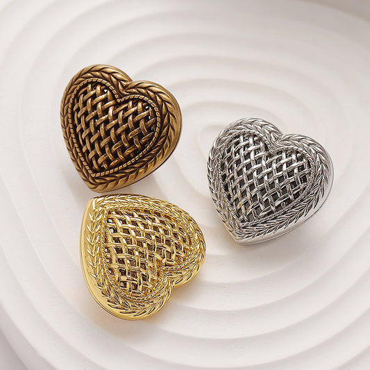 Retro Woven Hollow Heart-Shaped Metal Decorative Button 6pcs