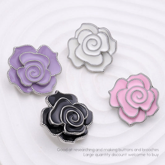 3D Camellia White Black Pink Purple Metal Button 5pcs