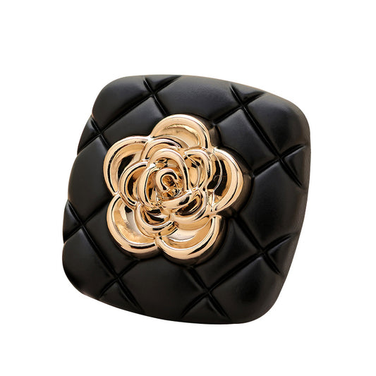 Black Checkered Square Metal Button with Golden Camellia 6pcs