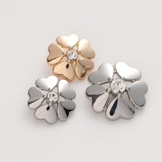 Metal Heart-Shaped Five-Leaf Clover Flower Diamond Button 6pcs