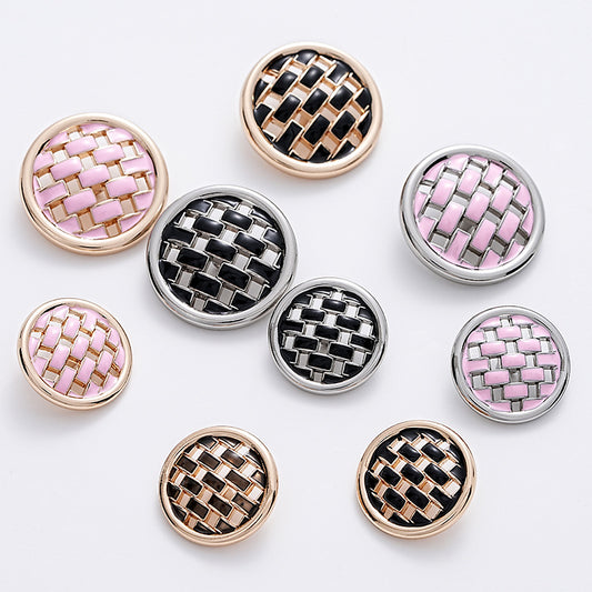 Pink and Black Woven Grid Oiled Metal Clothing Button 5pcs